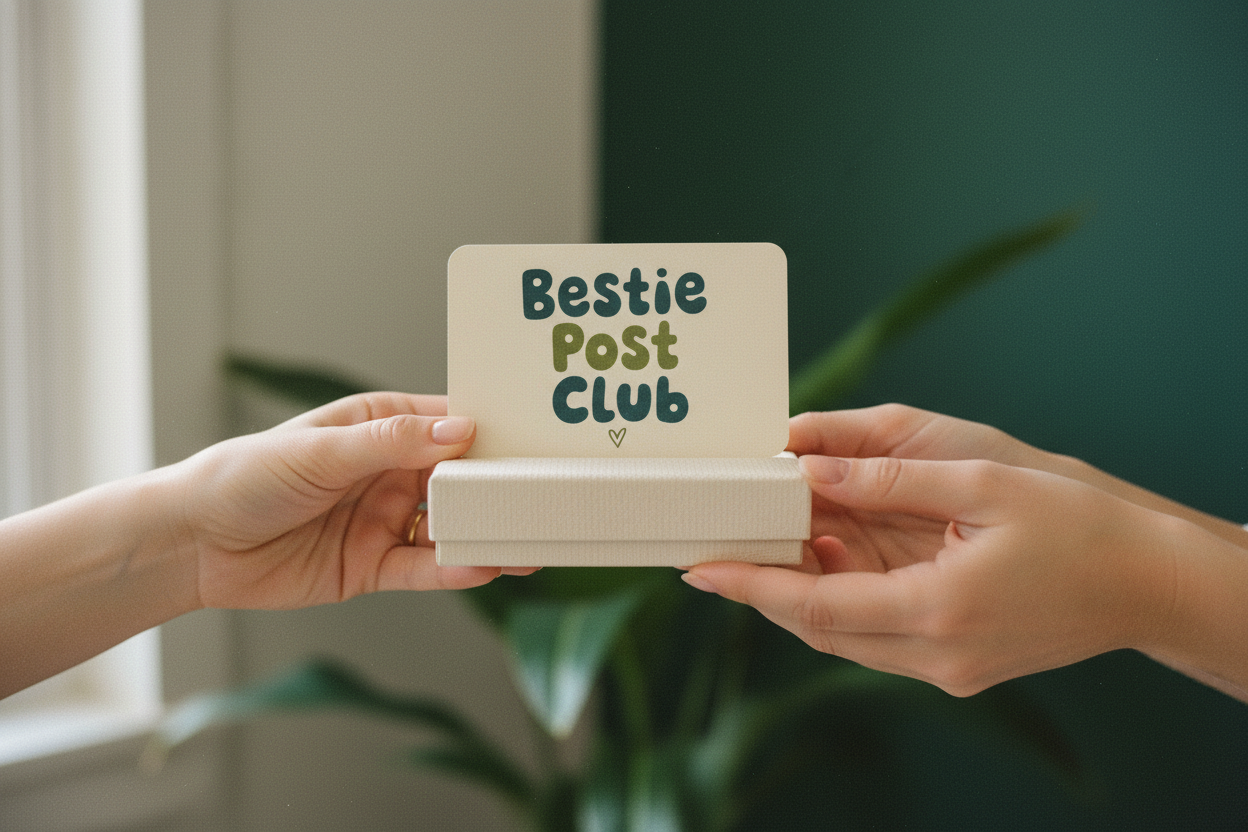 A close up of one person presenting a gift to another: hands holding out a small cream colored gift box with a postcard on top that reads “Bestie Post Club” in playful lettering. The recipient’s hands are reaching toward the gift. Background softly blurred in neutral cream and green hues (#EBE2D0, #2F4841). Cozy, emotional moment, clean and minimal styling, slight retro feel with soft film grain, ideal for a Shopify “Gifts with heart” tile.