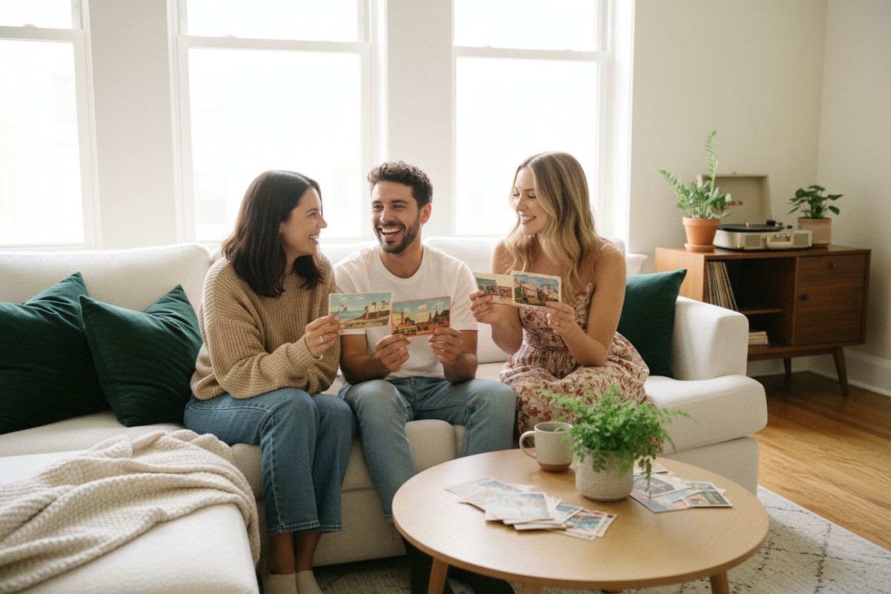 A group of three friends (two female, one male) on a comfy couch, each holding or reading a postcard and smiling. Apartment interior with neutral cream walls and deep green accent pillows to match #EBE2D0 and #2F4841. Clean, bright, playful energy with a light retro feel, soft film grain.