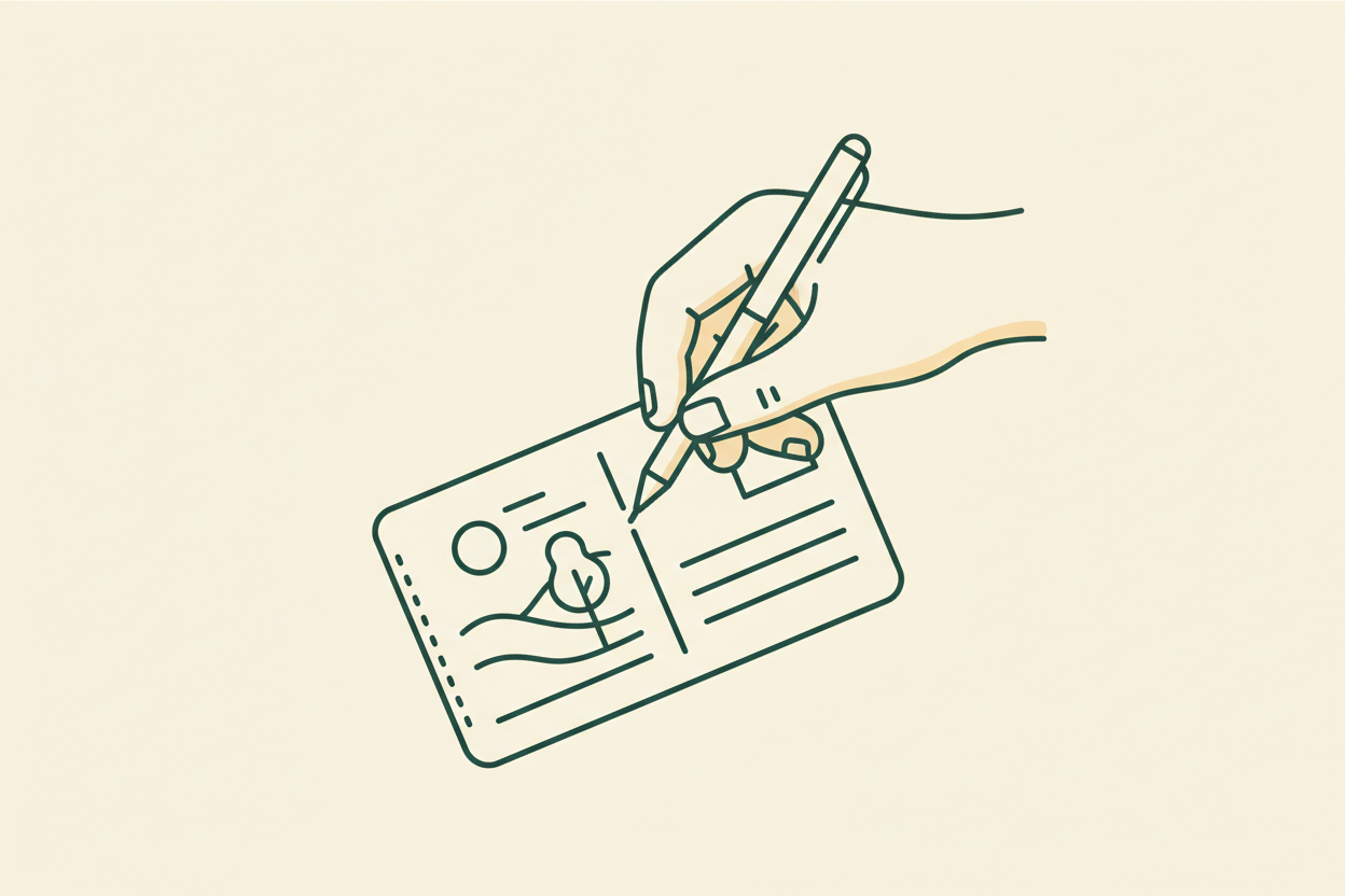 A hand holding a pen over a postcard on a cream background (#EBE2D0), drawn in deep green (#2F2841). Clean lines, minimal shapes, slight retro inspiration but modern and friendly, suited to a Shopify info columns section. 1600 x 1600px.