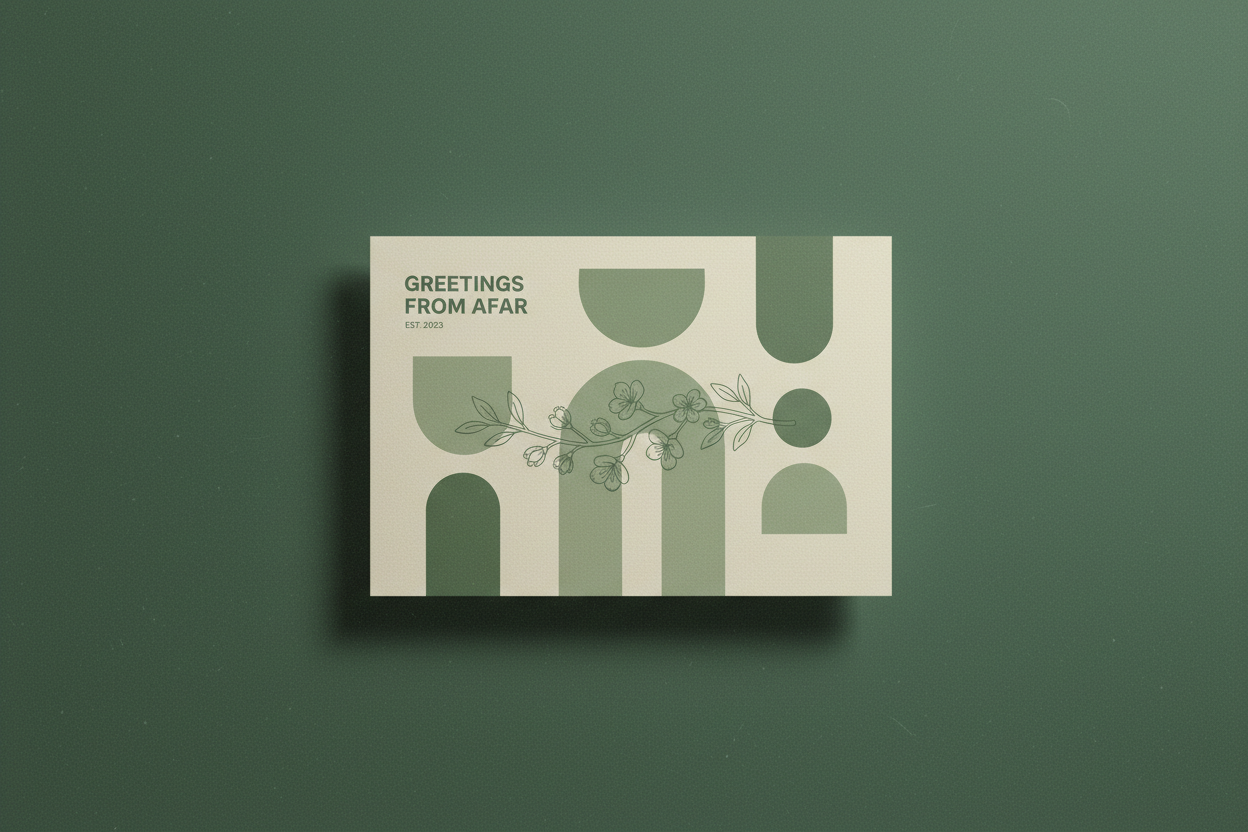 A product image of 1 postcard on a deep green background (#EBE2D0). Use light cream (#EBE2D0), and sage (#54665D) as accent colors on the cards. Clean, minimal, soft grain texture, modern plus a touch of retro, shot in soft natural light. 1600x1600px