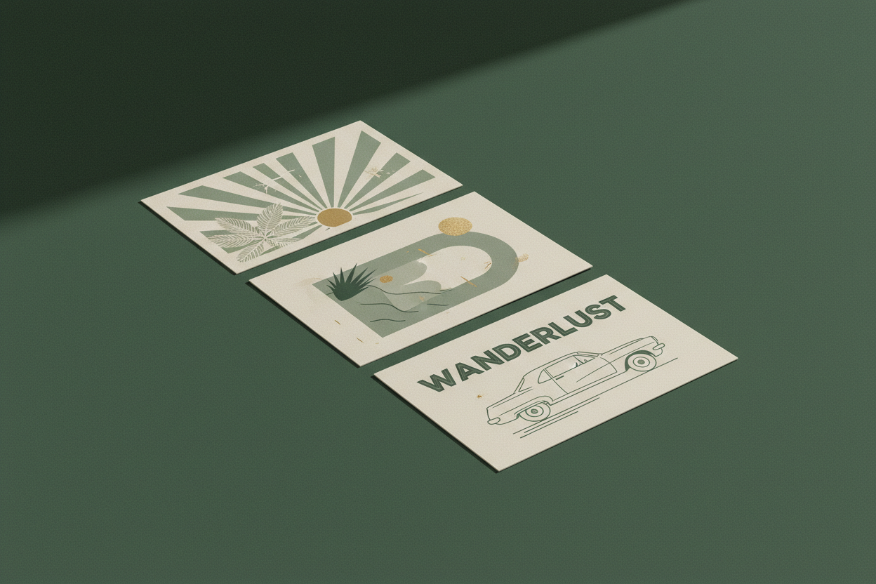 A product image of 3 stacked postcards on a deep green (#2F4841) background. Use light cream (#EBE2D0) and sage (#54665D) as accent colors on the cards. Clean, minimal, soft grain texture, modern plus a touch of retro, shot in soft natural light.