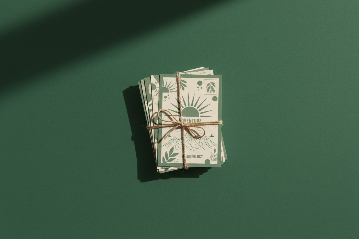A product image of a tied bundle of postcards on a deep green background (#EBE2D0). Use light cream (#EBE2D0), and sage (#54665D) as accent colors on the cards. Clean, minimal, soft grain texture, modern plus a touch of retro, shot in soft natural light. 1600x1600px