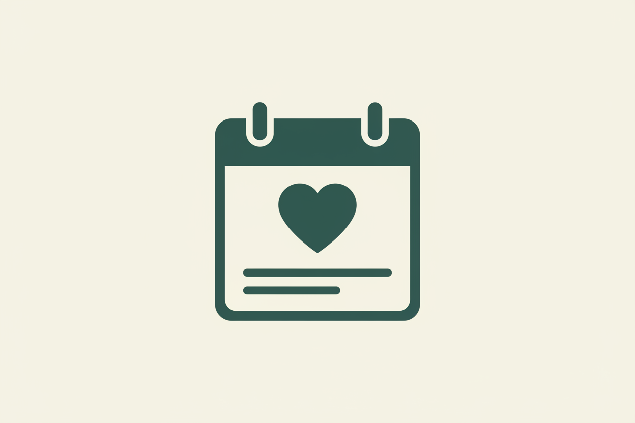 A simple calendar with a heart flat vector icon on a cream background (#EBE2D0), drawn in deep green (#2F2841). Clean lines, minimal shapes, slight retro inspiration but modern and friendly, suited to a Shopify info columns section. 1600 x 1600px.