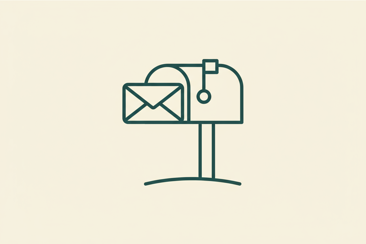An envelope going into a mailbox icon on a cream background (#EBE2D0), drawn in deep green (#2F2841). Clean lines, minimal shapes, slight retro inspiration but modern and friendly, suited to a Shopify info columns section. 1600 x 1600px.
