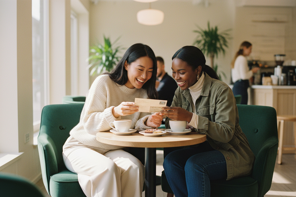Lifestyle photo of two young female adults in a cozy cafe, sitting across from each other and laughing while looking at a postcard. Warm natural light, light cream and green tones that echo #EBE2D0 and #2F4841. Modern outfits, diverse representation, clean background, soft retro filter with subtle grain.
